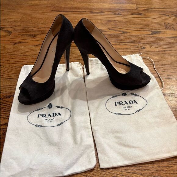 Prada Camoscio Chic Peep Toe Suede Pumps size 39 - Picture 1 of 8